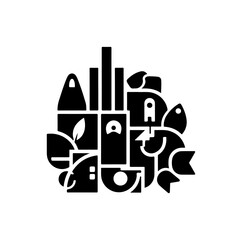 Obraz premium Black, modern cityscape icons, urban landscape symbols, eco-friendly architecture elements, vector graphics