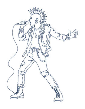 hand drawing continous line depicts a male singer punk rock mohawk hair style (artwork 1)
