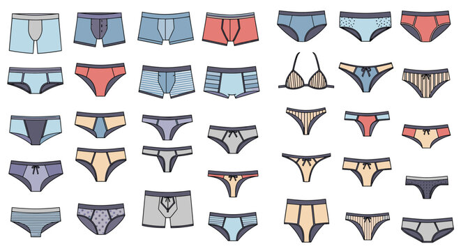 Comprehensive collection of men and women underwear designs including boxers briefs panties and bras on white background.