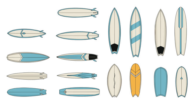 Set of various surfboard designs of different shapes colors and summer patterns isolated on white background.