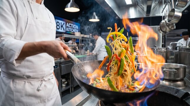 Chef Stir-frying Noodles in Flaming Wok