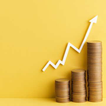 Gold coin stacks in ascending order with a rising white arrow chart against a solid yellow background, representing business growth and financial investment success, Finance,