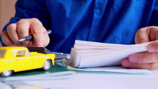 Logistics manager estimating car shipping costs with calculator and writing notes. Focus on hands, yellow toy car on desk. Close up, shallow depth of field, natural daylight. 