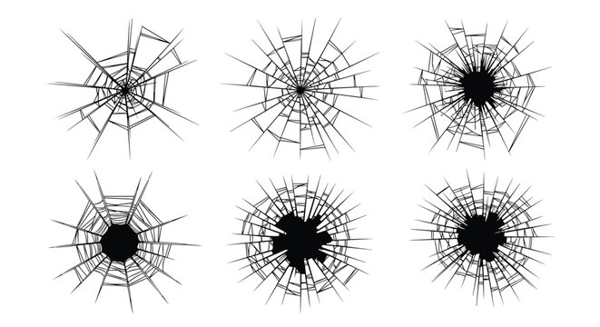 Set of six shattered glass textures showing bullet holes and spiderweb crack patterns in black lines on white background.
