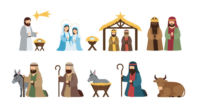 Comprehensive collection of nativity scene characters including holy family, wise men, shepherds, and animals for christmas celebration.