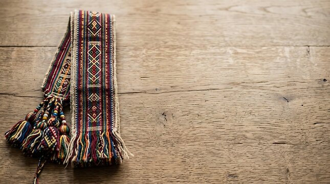 Ethnic woven sash with geometric patterns on a rustic wood background