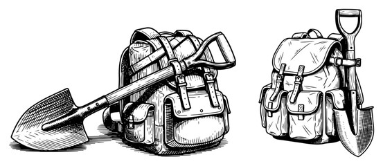 Military tactical backpack with shovel vector sketch survival and outdoor camping gear gear illustration © JakubVectorSketch
