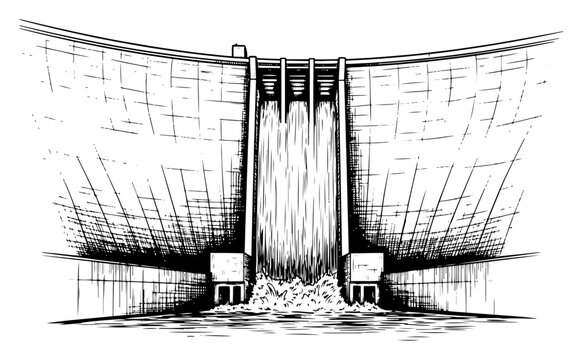 Hydroelectric dam with water spillway vector sketch large concrete infrastructure and energy concept