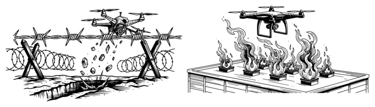 Military drones attacking building and border fence vector sketch modern warfare UAV combat concept
