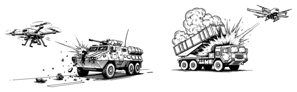 Military drones attacking armored vehicles and trucks vector illustration uav combat and explosion scene