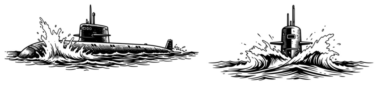 Military submarine surfacing from ocean water with waves and splashes vector sketch naval navy ship