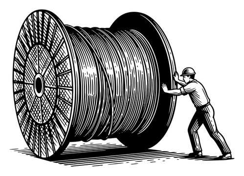 Worker pushing large industrial cable reel vector sketch electrical infrastructure and construction site concept