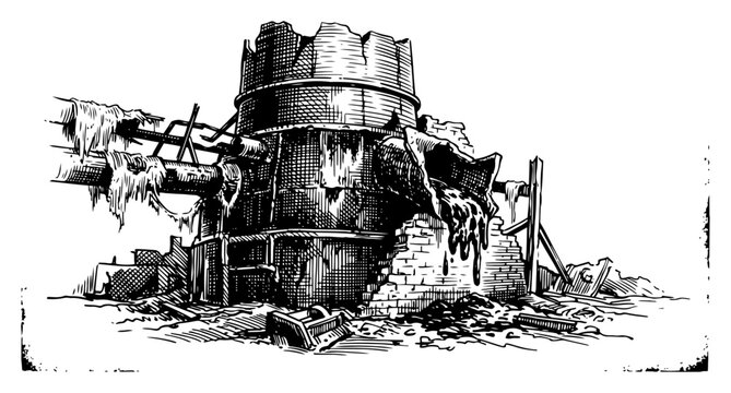 Destroyed industrial factory tank and ruins vector sketch of post-apocalyptic wasteland scene