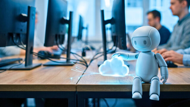 Small white friendly robot figurine on desk with hand resting on glowing translucent cloud icon with connection lines, AI cloud technology concept, robot digital assistant, AI cloud integration