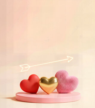 Three heart shapes one red one gold one fuzzy pink with glowing arrow of light behind them on pink podium, valentine day concept, love symbol decoration.