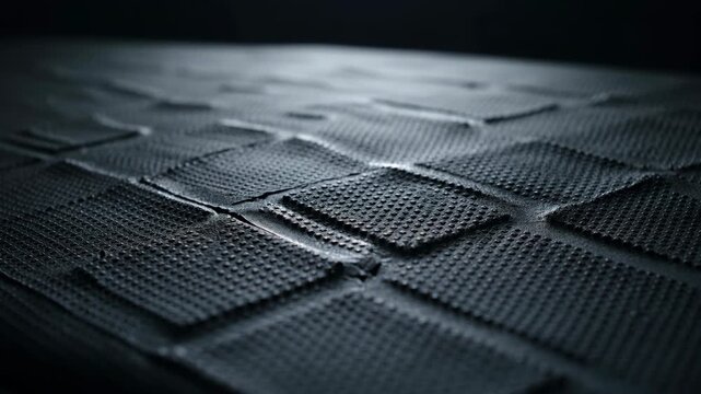Black Rubber Floor Mat Texture with Textured Grid Pattern in Dim Lighting