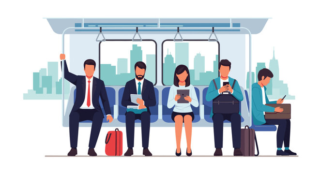 Passengers sitting and standing inside a modern subway metro train, using phones and tablets during commute.