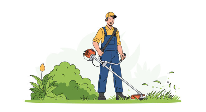 Professional gardener trimming tall grass with a string trimmer or brushcutter on a sunny summer day.