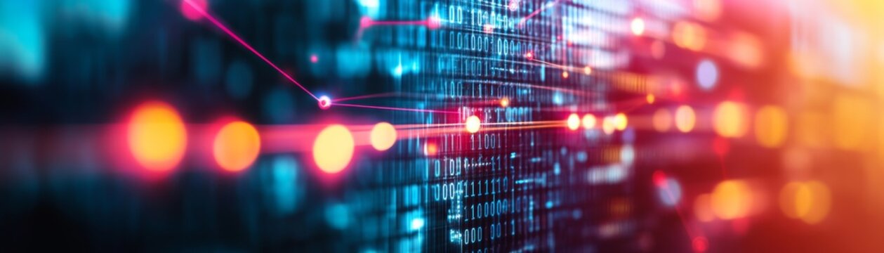 Macro shot of glowing digital binary code data stream with abstract orange and blue bokeh light connection nodes, conceptualizing big data and network connectivity,Data, Technology