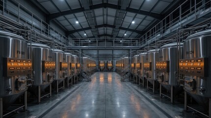 Obraz premium Fermentation Tanks in a Modern Brewery with Digital Control Panels and Stainless Steel Construction Featuring Industrial, High-Tech, Production