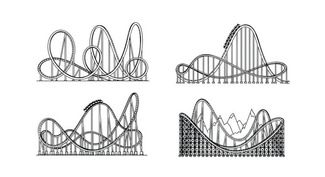 Set of four rollercoaster architectural sketches showing diverse tracks, loops, and heights in minimalist line art.