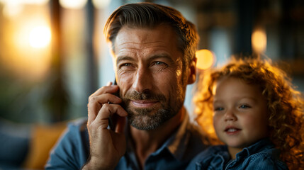 Obraz premium A wide shot of a young working father talking softly on the phone while babysitting his calm playful daughter at a bright home father babysit open faces bright home