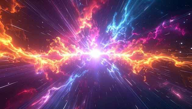 Abstract cosmic energy burst, featuring vibrant colors, radiating light, and dynamic cloud formations