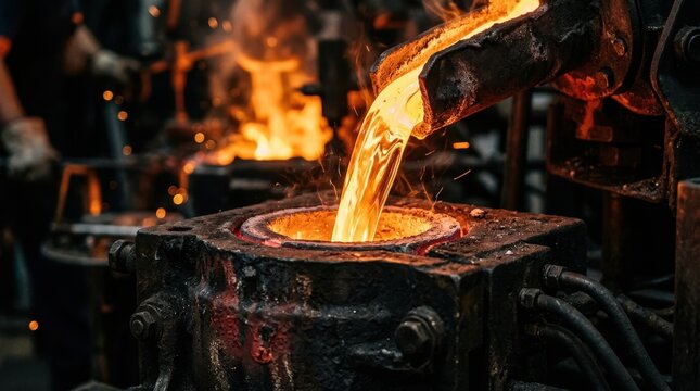 Molten Glass Pouring Into a Mold in a Manufacturing Process Featuring Industrial, Casting, Hot with Glowing and Orange Elements for Yellow, Sparks
