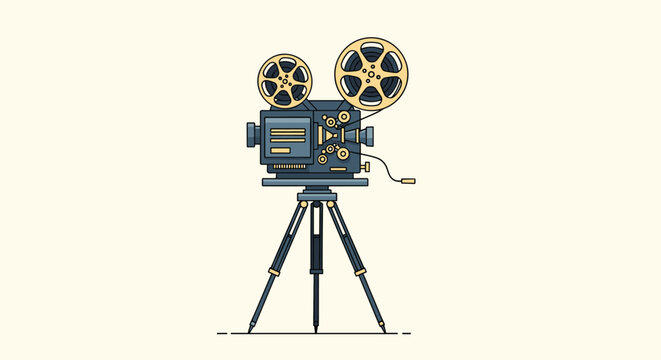 Vintage film camera on a classic tripod, detailed retro movie camera illustration in flat outline style.