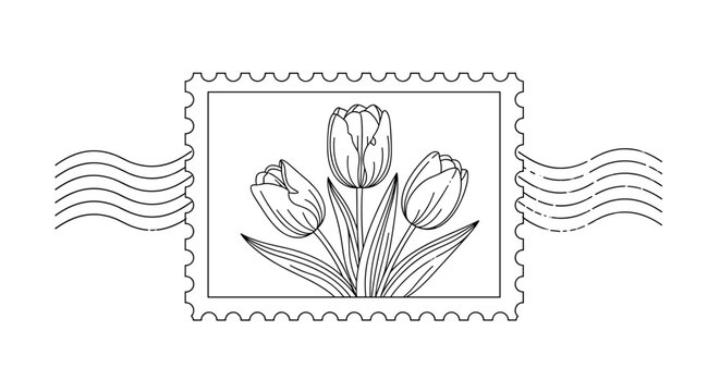 Postmark stamp with three hand drawn outline tulips bouquet vector illustration isolated on white background.