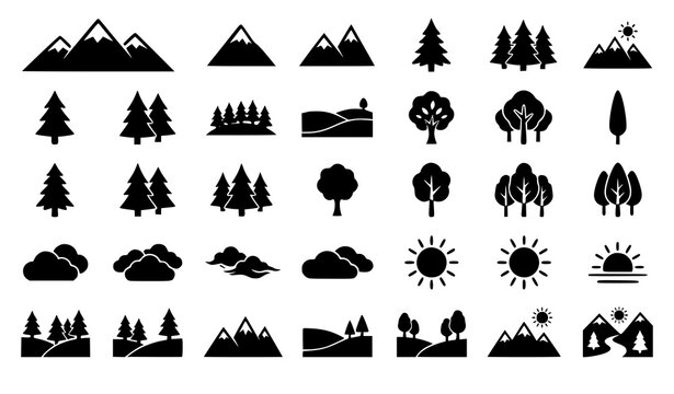 Simple black nature icons with mountains trees clouds and sun