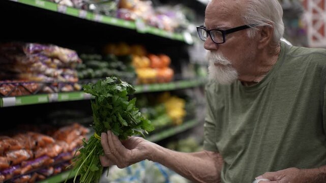 Senior man shops for fruits and vegetables in a grocery store while choosing fresh herbs with a smile and feeling satisfied with his choices