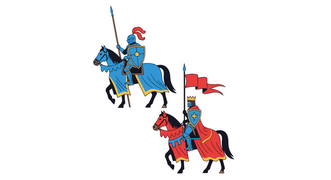 Two brave medieval knights in shining armor riding horses and holding spears with flags in a flat design.