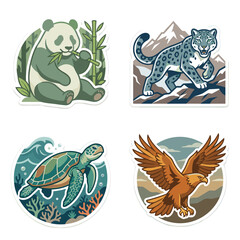Naklejka premium Set of flat sticker icons representing endangered wildlife conservation, featuring giant panda, snow leopard, sea turtle, and golden eagle with muted earth tones and pixel art style