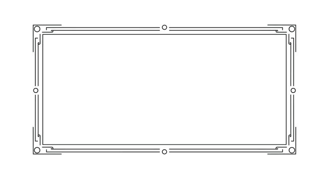Elegant minimalist art deco rectangle border frame with thin black lines and small circles on a white background.