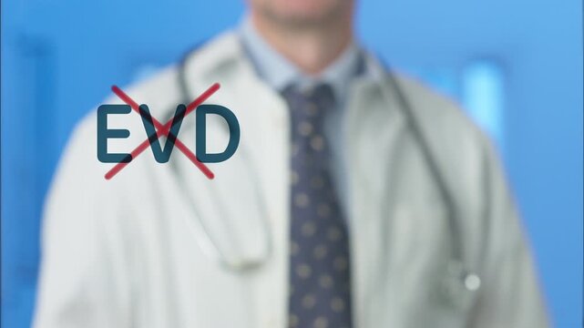 Medical professional crossing out the acronym evd, representing ebola virus disease, symbolizing successful treatment, prevention, cure, or the end of an epidemic or public health crisis