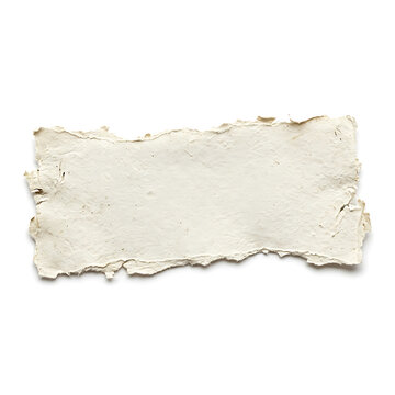 Torn piece of white paper with rough edges and texture on white background for design and mockup purposes