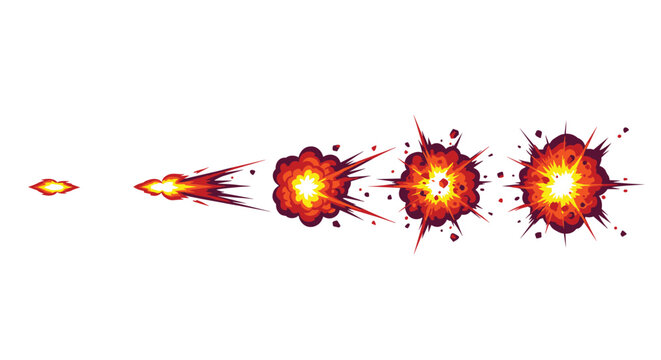Step by step animation sequence of a fiery bullet impact blast or fire explosion in retro pixel art style.