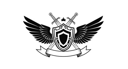 Fototapeta premium Medieval heraldic emblem featuring shield with wings, crossed swords, crown, and ribbon banner in black and white style.