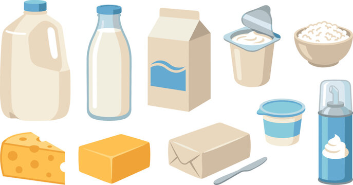 Dairy products vector illustration set with milk bottles, carton, cheese wedge, butter block, yogurt cups, whipped cream, and cottage cheese bowl
