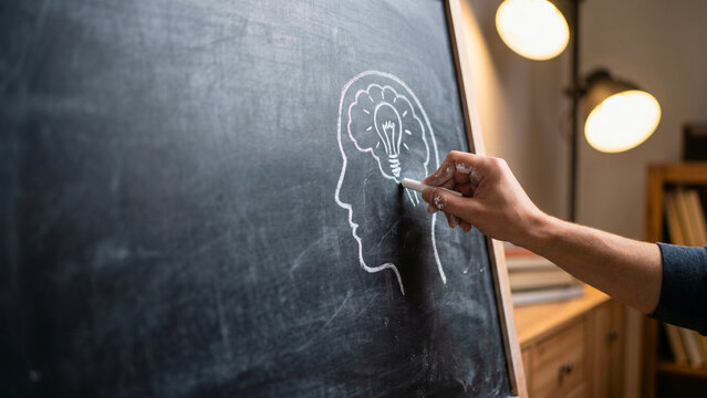 Hand drawing human head silhouette with lightbulb shape inside brain area using white chalk on dark chalkboard, knowledge inspiration concept, intellectual creativity, innovation thinking
