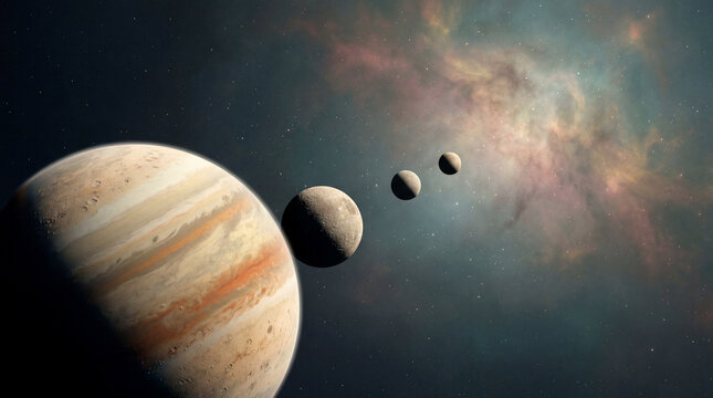 Jupiter with aligned moons against a colorful deep space nebula