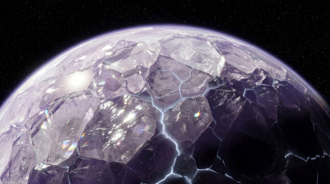 Cracked crystalline ice planet with glowing fractures in deep space