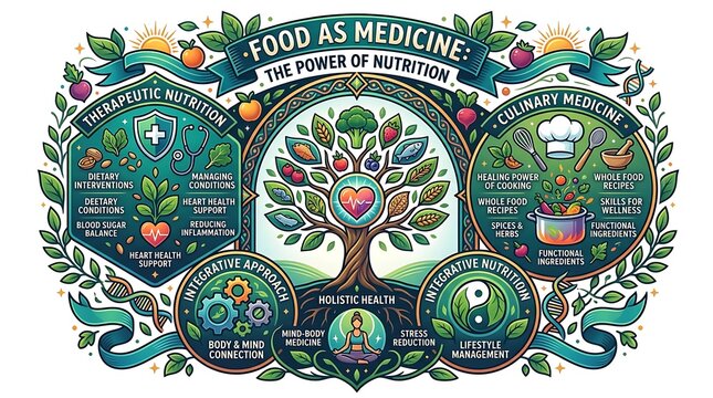 Holistic health infographic about food as medicine and nutrition