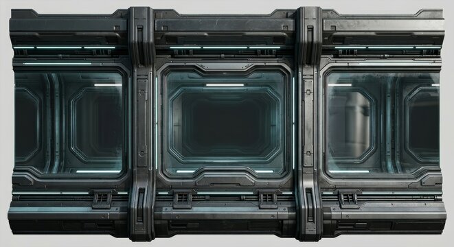 Futuristic metallic wall with glowing cyan lights and modular panels. Ideal for sci-fi scenes, spaceship interiors, game assets, and cyberpunk backgrounds.