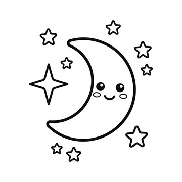 Adorable kawaii crescent moon line art vector