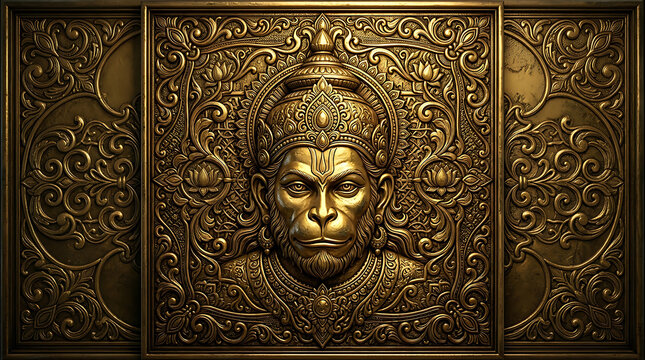 Golden embossed relief artwork depicting a monkey face with ornate floral details
