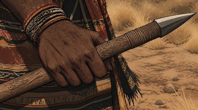 Closeup on a rugged hand gripping a carved spear in a dry savanna landscape, cinematic widescreen