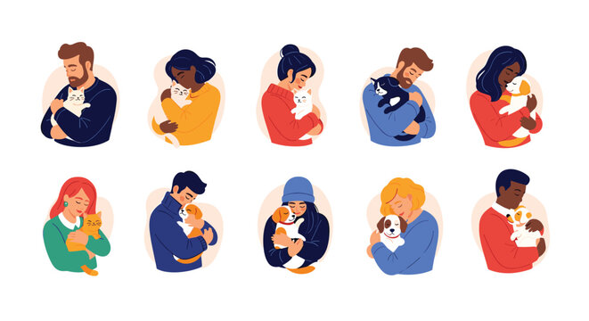 Diverse happy people of different ethnicities hugging their beloved cats and dogs, celebrating unconditional pet love.