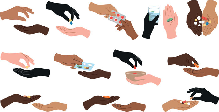 Diverse hands sharing medicine vector illustration set with multiethnic people giving pills capsules blister packs and glass of water icons